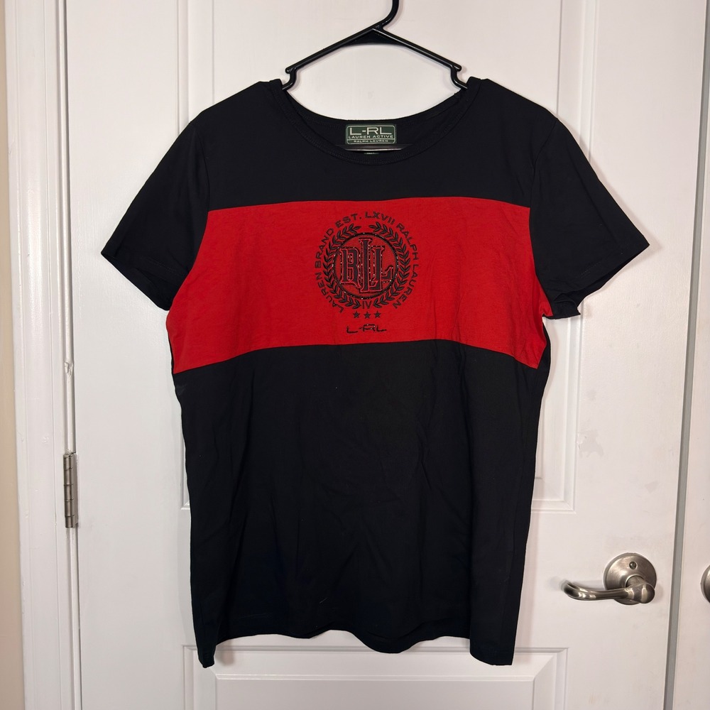 Ralph Lauren Lauren Active T-Shirt Red Black Colorblock Crest Logo XL